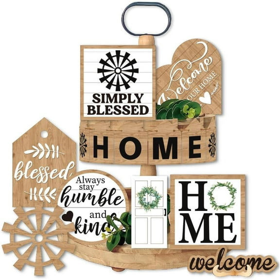 1 Set 14 Pieces Wooden Tiered Tray Stand Decor Rustic Home Farmhouse Tabletop Signs Decorative Sweet Home Simply Blessed Trays Table Top Decor for Home Farmhouse Rustic Kitchen Decorations