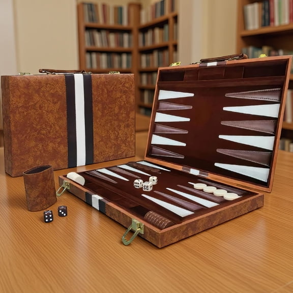 1 Set 15 Inch Folding Backgammon Board Game Set with Faux Leather Case, Shaker, Chips and Doubling