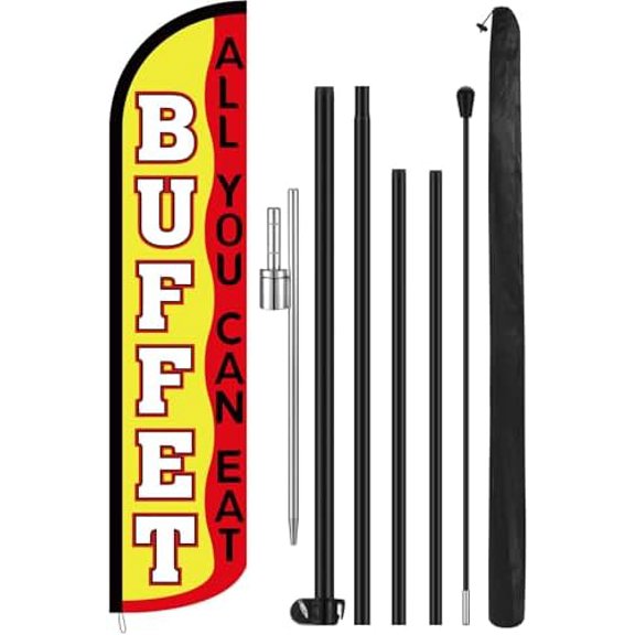 1 Set 15 ft Buffet All You Can Eat Feather Flag with Flagpole Kit and Carry Bag, Outdoor Advertising Flag, Business Windless Banner, Weatherproof Banner Sign for Restaurant Outside Sale$$Other