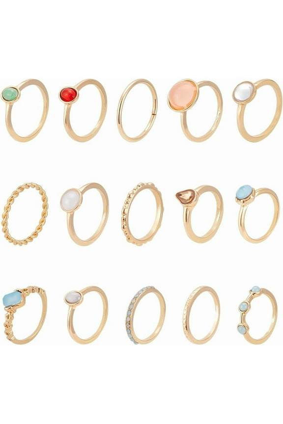 1 Set 15Pcs 15 Styles Finger Rings Sets Star Moon Knuckle Ring Set Vintage Stackable Finger Rings Bulk Irregular Gemstone Ring Set for Women diy Golden