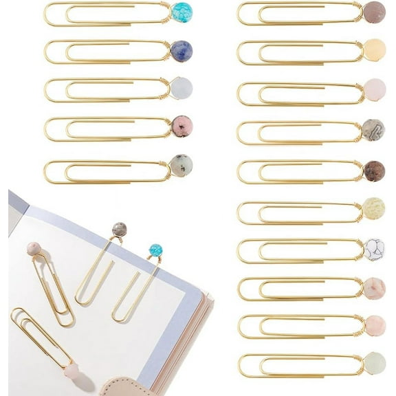 1 Set 15Pcs 15 Styles Iron Oval Paper Clips with Round Gemstone Beads 58mm 1pc/style