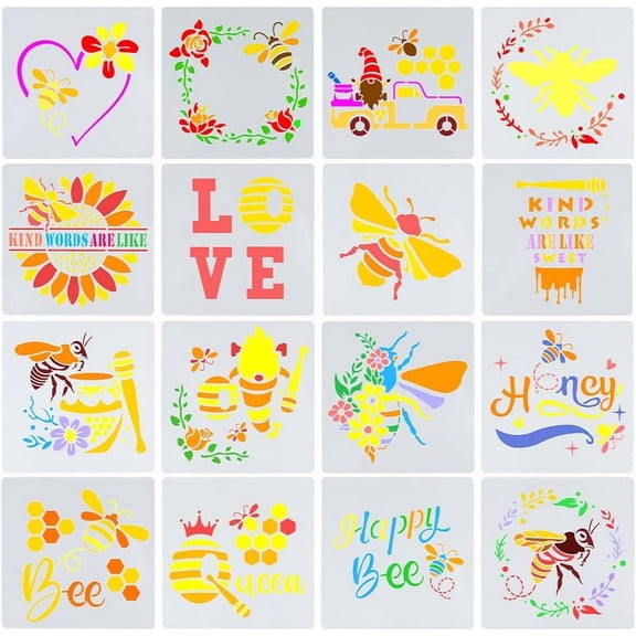 1 Set 16PCS Bee Honeycomb Painting Stencils Plastic Butterfly Drawing Templates Love Rose Trucks Wreaths Spray Paint Stencil for Wood Tile Floor Furniture Fabric Painting for DIY