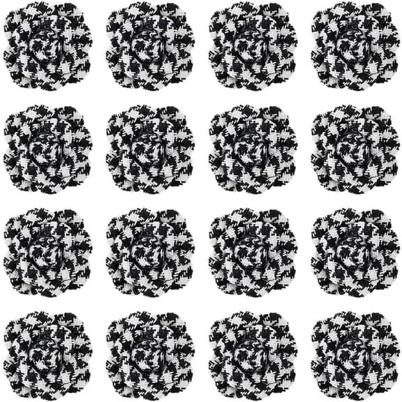 1 Set 16PCS Camellia Fabric Flower Dimensional Fabric Flowers Fabric Flowers Patches 3D Nylon Flower Black and White Checkered Flower Patches for Clothes Crafts Decoration