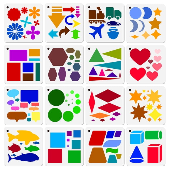 1 Set 16Pcs 16 Styles PET Hollow Out Drawing Painting Stencils for DIY Scrapbook Photo Album Mixed Color 150x150mm 1pc/style