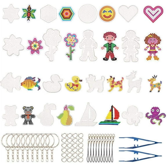 1 Set 16Pcs 5mm Fuse Beads Pegboards Small Fuse Beads Boards 16Pcs Patterns Clear Plastic Template 2 Blue Beads Tweezers 10 Hang Ropes 10 Key Chains 30 Hang Circle for DIY Craft Beads DIY