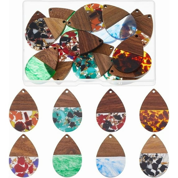 1 Set 16Pcs 8 Colors Transparent Resin Walnut Wood Big Pendants with Gold Foil Teardrop 36x24.5x3~3.5mm Hole: 2mm 2pcs/color