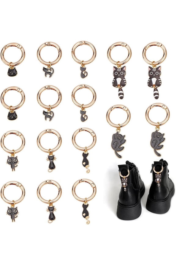 1 Set 16Pcs 8 Styles Cat Shape Alloy Enamel Shoes Charms with Golden Alloy Spring Gate Rings Black 40~65mm 2pcs/style