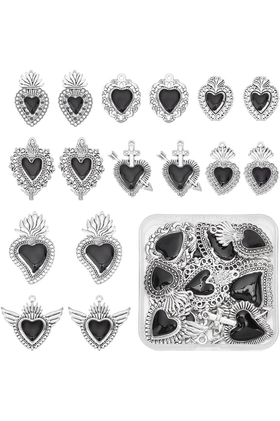 1 Set 16Pcs 8 Styles Heart Charm Black Sacred Heart Charm Black Heart Thistles Thorns Fancy Enamel Charm for Jewelry Making Charms Valentine's Day DIY Crafts Supplies