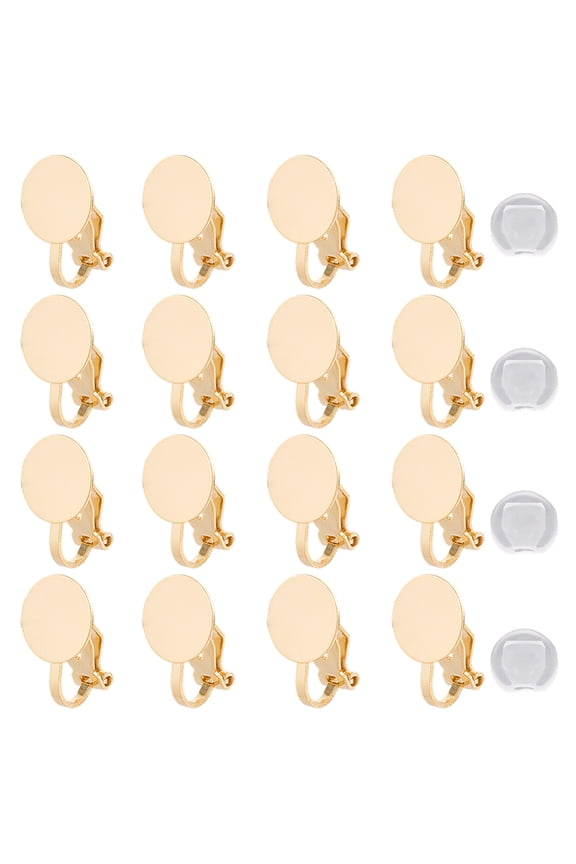 1 Set 16Pcs Brass Earring Settings Clip-on Earring Findings with Silicone Earring Pads Real 18K Gold Plated 15.5x10mm