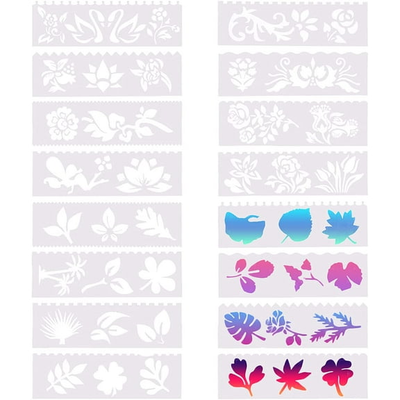 1 Set 16pcs Plastic Painting Stencils 2 x 7inch Small ReusableTemplate Set Laser Cut Graphics Template Flowers Pattern for Drawing DIY Diary Graphics Design Bookmark Ruler