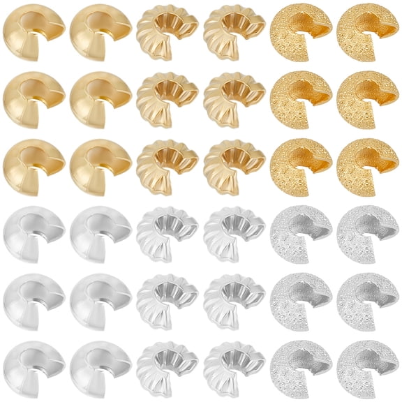 1 Set 180Pcs 6 Styles Brass Crimp Beads Covers Golden & Silver 4x2~.5mm Hole: 1.5~2.5mm 30pcs/style