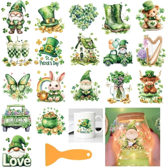 1 Set 18Pcs Saint Patrick's Day Rub on Transfer 3.9x3.6inch Colorful Gnome Clover Home Decals Leaves Butterfly Rabbit Cup Transfer Decals for Furniture Vase Glass Art Crafts Decorations