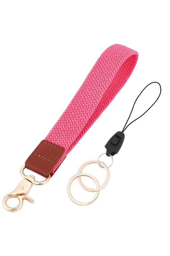 1 Set 1Pc Nylon Stretch Band Wristlet Keychains with Alloy Findings Light Gold Fuchsia 185mm