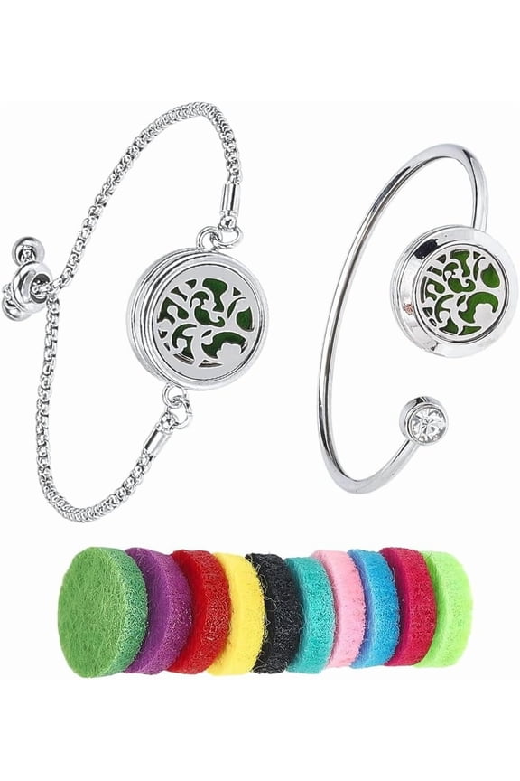 1 Set 1Pc Stainless Steel Open Cuff Bangles with 1Pc Zinc Alloy Stainless Steel Slider Bracelets 10pcs Fibre Perfume Pads Tree 2-1/4x2-1/2 inch