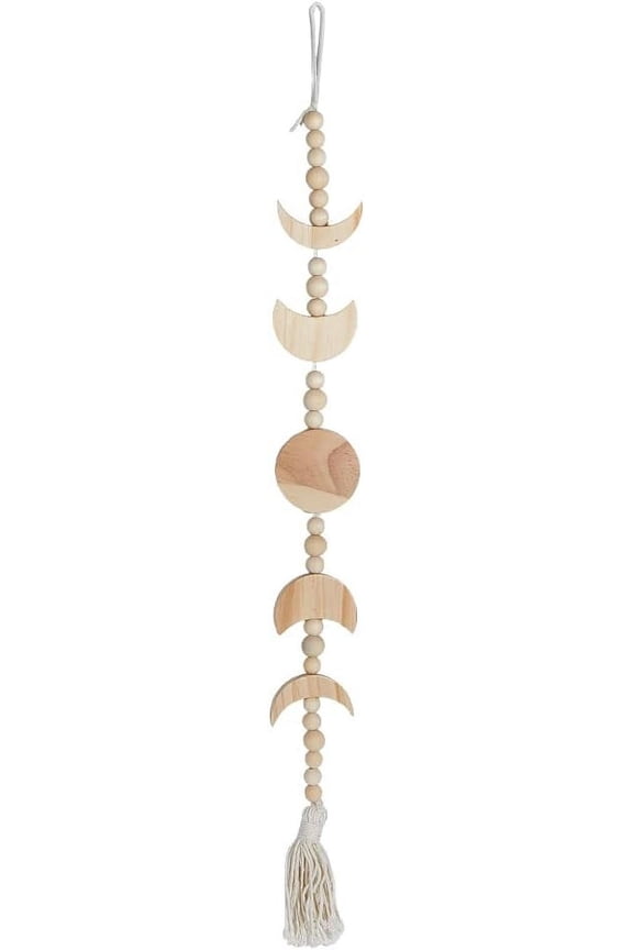 1 Set 1Pc Wood Beaded Moon Phase Pendant Decorations Bohemian Style Cotton Tassel Garland BurlyWood 765mm