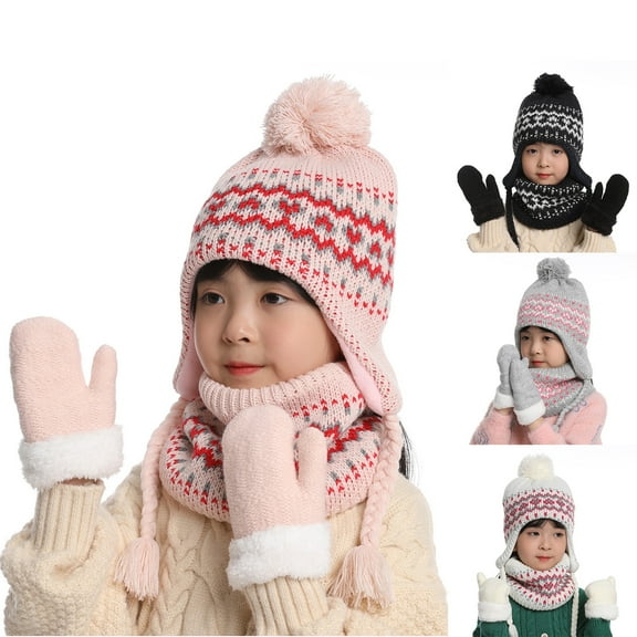 1 Set 2-5 Years Toddler Winter Hats, Kids Winter Hat Gloves Scarf Set Baby Winter Hat Baby Beanie Knit Warm Set for Boys Girls