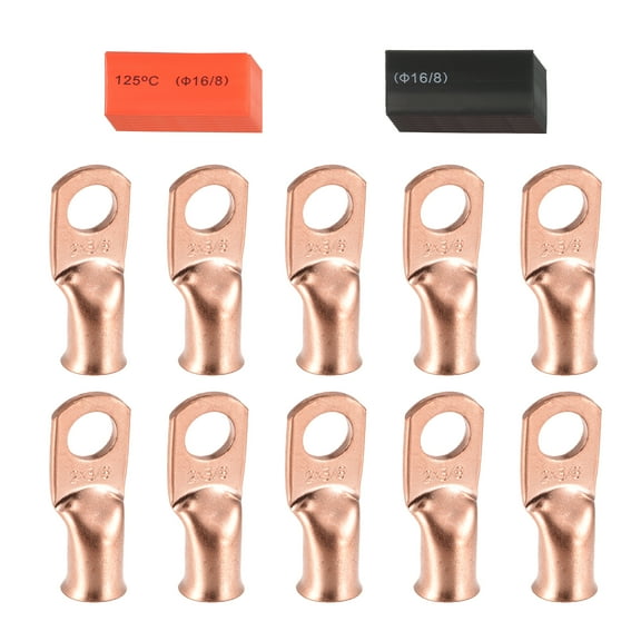 1 Set 2 AWG-3/8" Car Battery Cable Ends Tubular Ring Terminals Connectors with Heat Shrink Tubing Copper Tone