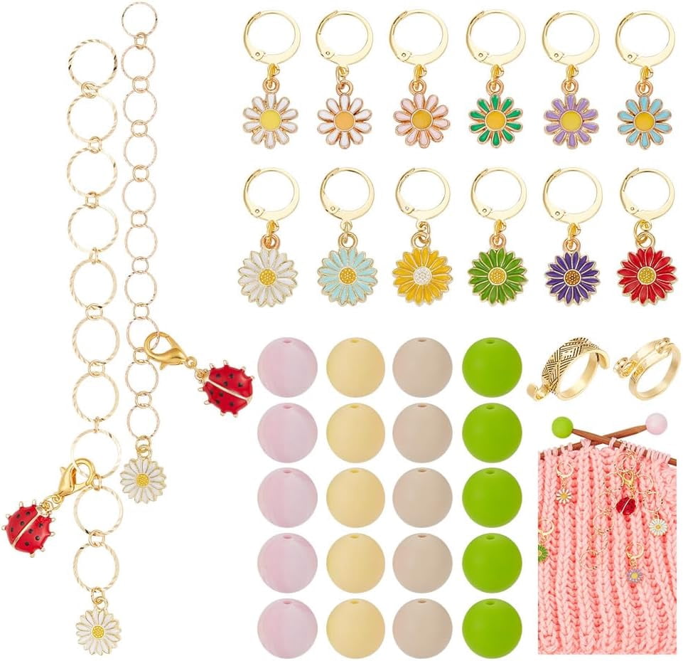 1 Set 2 Pcs Daisy Ladybird Knitting Row Counter Chains 12 Pcs Flower ...