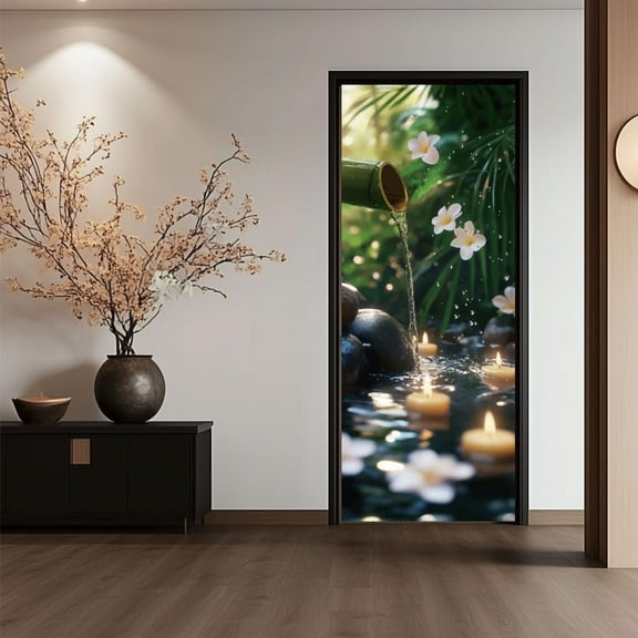 1 Set 2 Pcs Self-Adhesive Door Sticker 31.5"x78.7" Bamboo Water Pattern Door Murals Stickers PVC Door Removable Wallpaper Decoration for Bedrooms Living Room