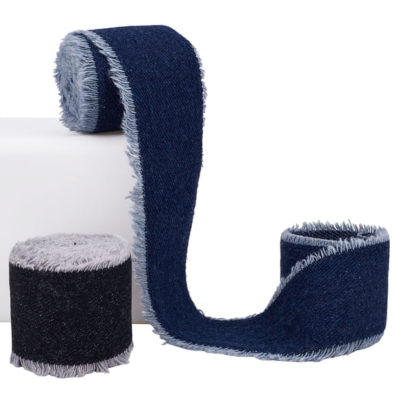 1 Set 2 Rolls 2 Colors Polycotton Frayed Ribbon Fringe Raw Edged Denim Ribbon Mixed Color 1-3/4 inch(45mm) about 2 yards/roll 1 roll/color