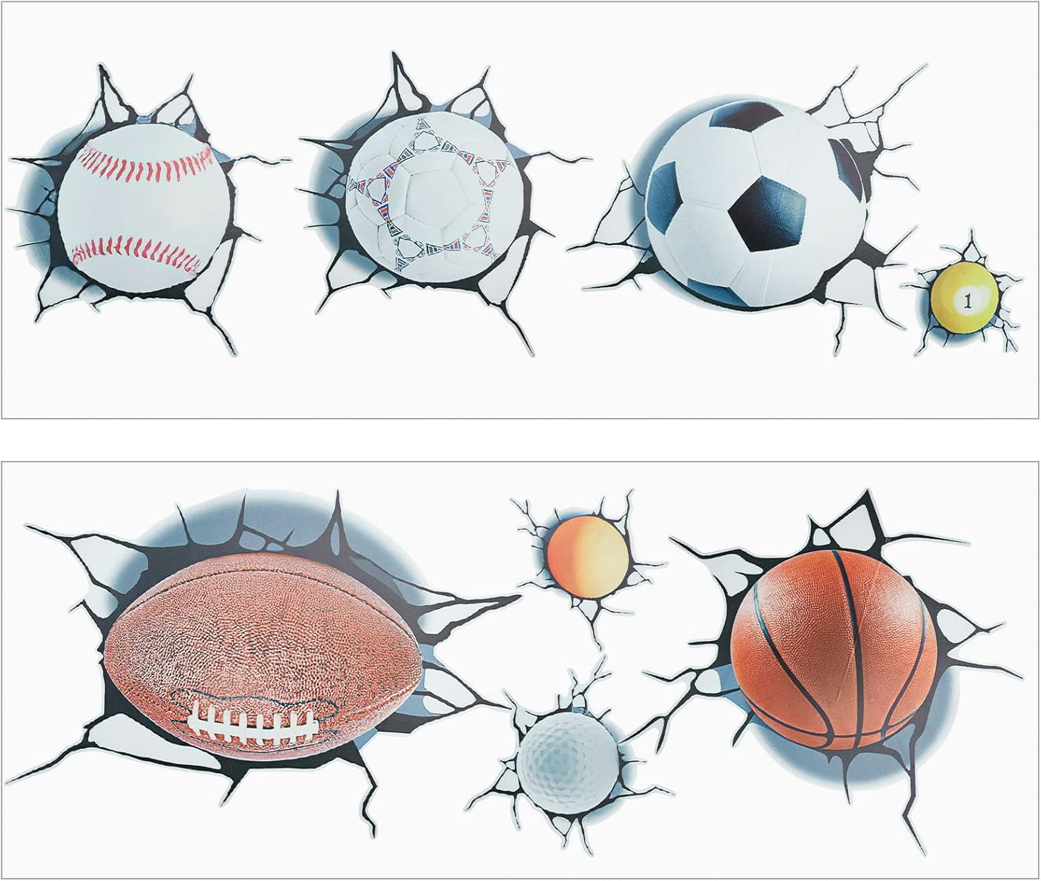 1 Set 2 Sheets 3D Sport Balls Wall Decals Break Through The Wall Removable Vinyl DIY Wall Stickers Sports Peel and Stick Football Rugby Wall Decor for Classroom Playroom Bedroom (2670cm)