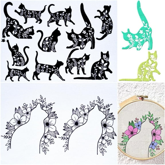 1 Set 2 Sheets Black Cats Flowers Water Soluble Embroidery Patterns Stabilizers Hand Sewing Stick and Stitch A4 Transfers Fabric Wash Away Pre-Printed Self Adhesive for Beginner Cloth Sewing Lovers