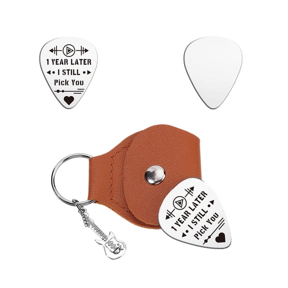 1 Set 201 Stainless Steel Guitar Picks with PU Leather Guitar Picks Holder Plectrum Guitar Accessories Word Picks: 35x28mm Holder: 110x52mm DIY