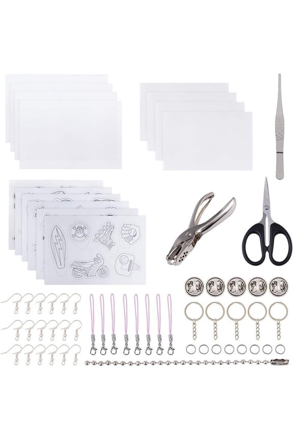1 Set 209 Pcs Heat Shrink Film Sheet Kit with Alloy Handheld Puncher Stainless Steel Tweezers Iron Split Key Rings Earring Hooks Scissors and Cord Loop Mobile Straps for DIY Keychains
