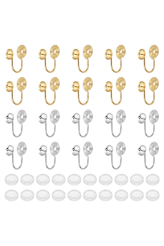 1 Set 20Pcs 2 Colors Brass Clip-on Earring Converters Findings with Silicone Clip on Earring Pads Mixed Color 14x12x8mm Pin: 0.7mm