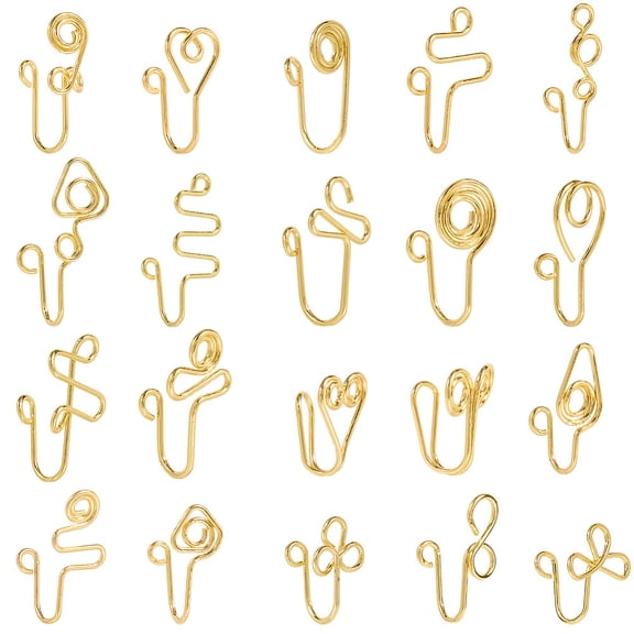 1 Set 20Pcs 20 Styles Brass Nose Rings Nose Cuff Non Piercing Clip on Nose Ring for Women Men Mixed Shapes Golden 12~25x5.5~14.5x7~9mm Hole: