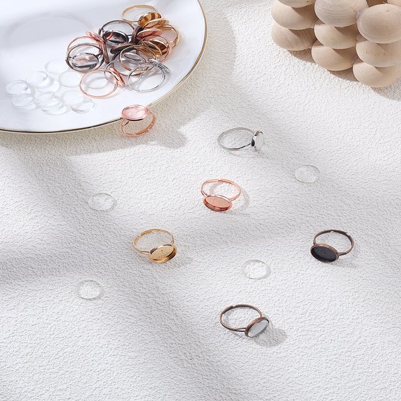 1 Set 20Pcs 4 Colors Iron Adjustable Ring Components Pad Ring Setting Flat Round 20Pcs Transparent Glass Cabochons Mixed Color Tray: 12mm for DIY
