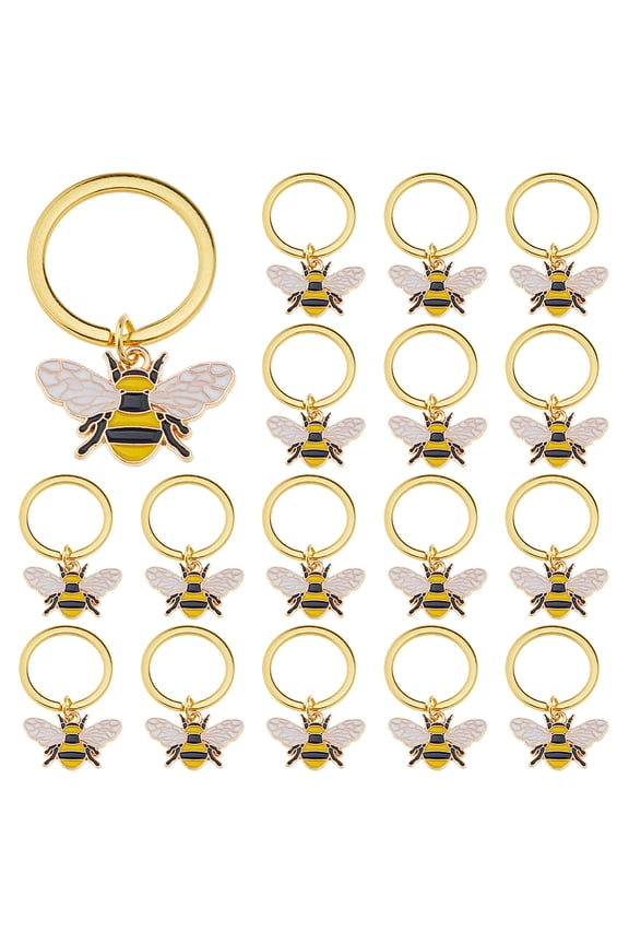 1 Set 20Pcs Alloy Enamel Keychain Bees with Iron Rings Golden 43mm
