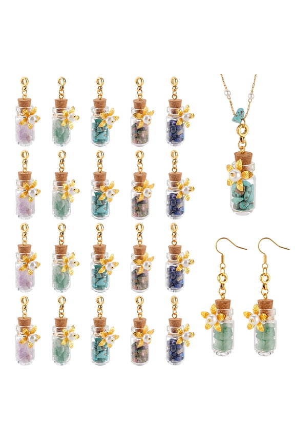 1 Set 20Pcs Glass Bottle European Dangle Charms with Natural & Gemstone Chip Golden 43mm 4pcs/color