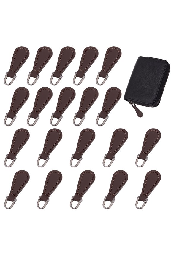 1 Set 20Pcs PU Leather Zipper Puller Garment Accessories with Alloy Findings Drop Coconut Brown 38~40x14x3.5mm Hole: 5.5x6mmDIY