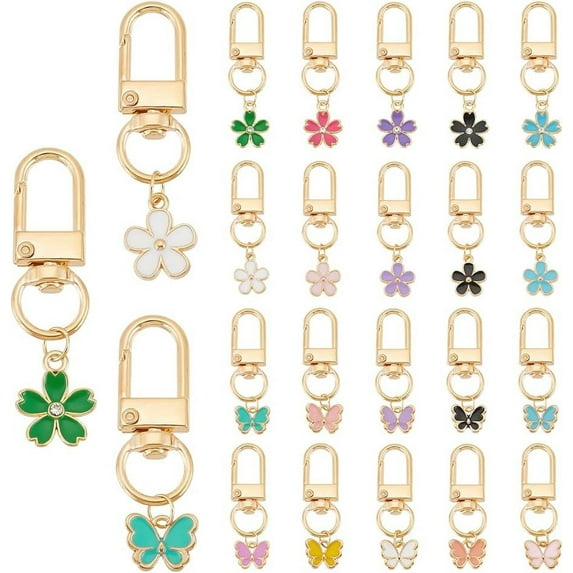 1 Set 20pcs Flower Butterfly Key Chains 20 Styles Cute Mini Keychains Set Alloy Enamel Car Key Chain Charms Key Ring for Women Purse Handbag Wallet Backpack Creative Gift