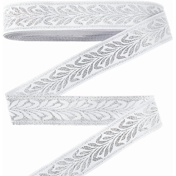 1 Set 21.8 Yards White Jacquard Ribbon 1 inch Garment Trim Fringe Leaf Pattern Ribbon Ethnic Polyester Ribbon for Sewing Garment Bag Strap Belt