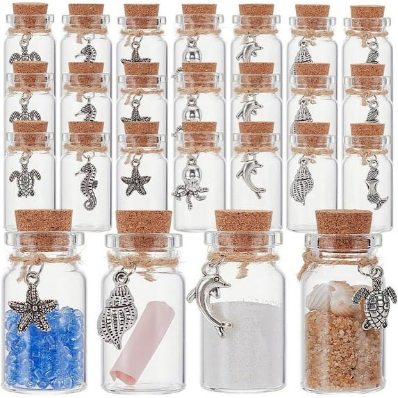1 Set 21PCS Mini Glass Jars 7 Style Small Corked Bottles with Ocean Charm Glass Wishing Bottles Decor Sand Art Message Bottle for Christmas Valentine Mother Wedding DIY Craft Favor