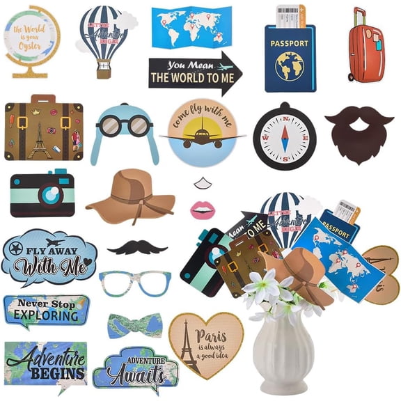 1 Set 23 Styles Travel Themed Cake Toppers Travel Themed Party Decorations Bulk Paper Mini Suitcase Globe Map Airplane Cake Multi-color
