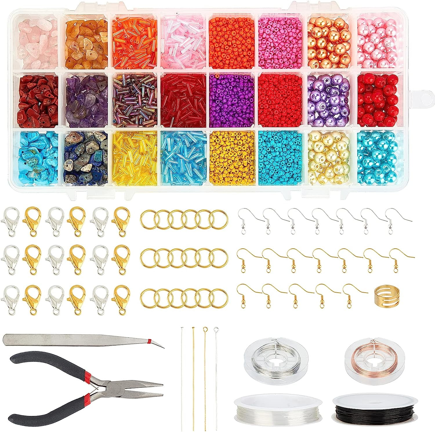 1 Set 2400 Pcs Mixed Stone Beads Kits with Earring Hooks Spacer Beads Pendants Charms Jump Rings for DIY Jewelry Necklace Bracelet Earring Making Supplies