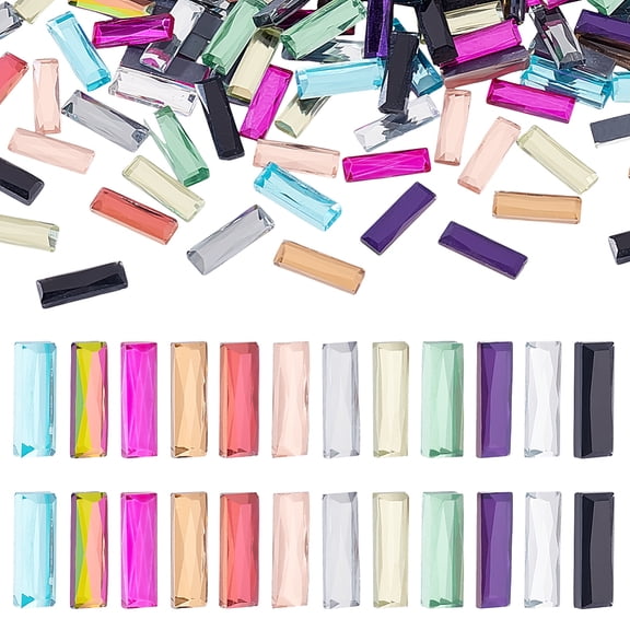 1 Set 240Pcs 12 Colors Flat Back Glass Rhinestone Cabochons Rectangle Mixed Color 15x5x3mm 20pcs/color