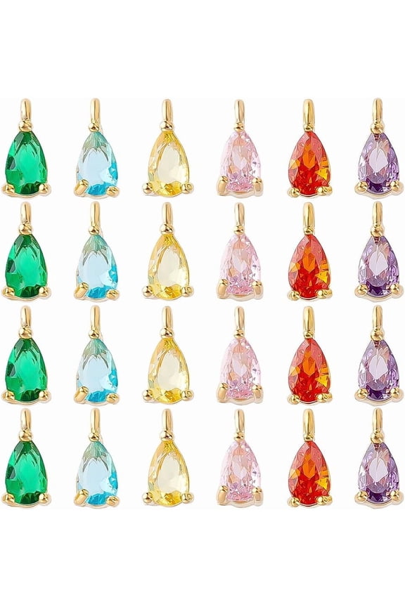 1 Set 24Pcs 6 Colors Golden Brass Micro Pave Cubic Zirconia Charms Teardrop Mixed Color 7.5x3.5x3mm Hole: 1mm 4pcs/color