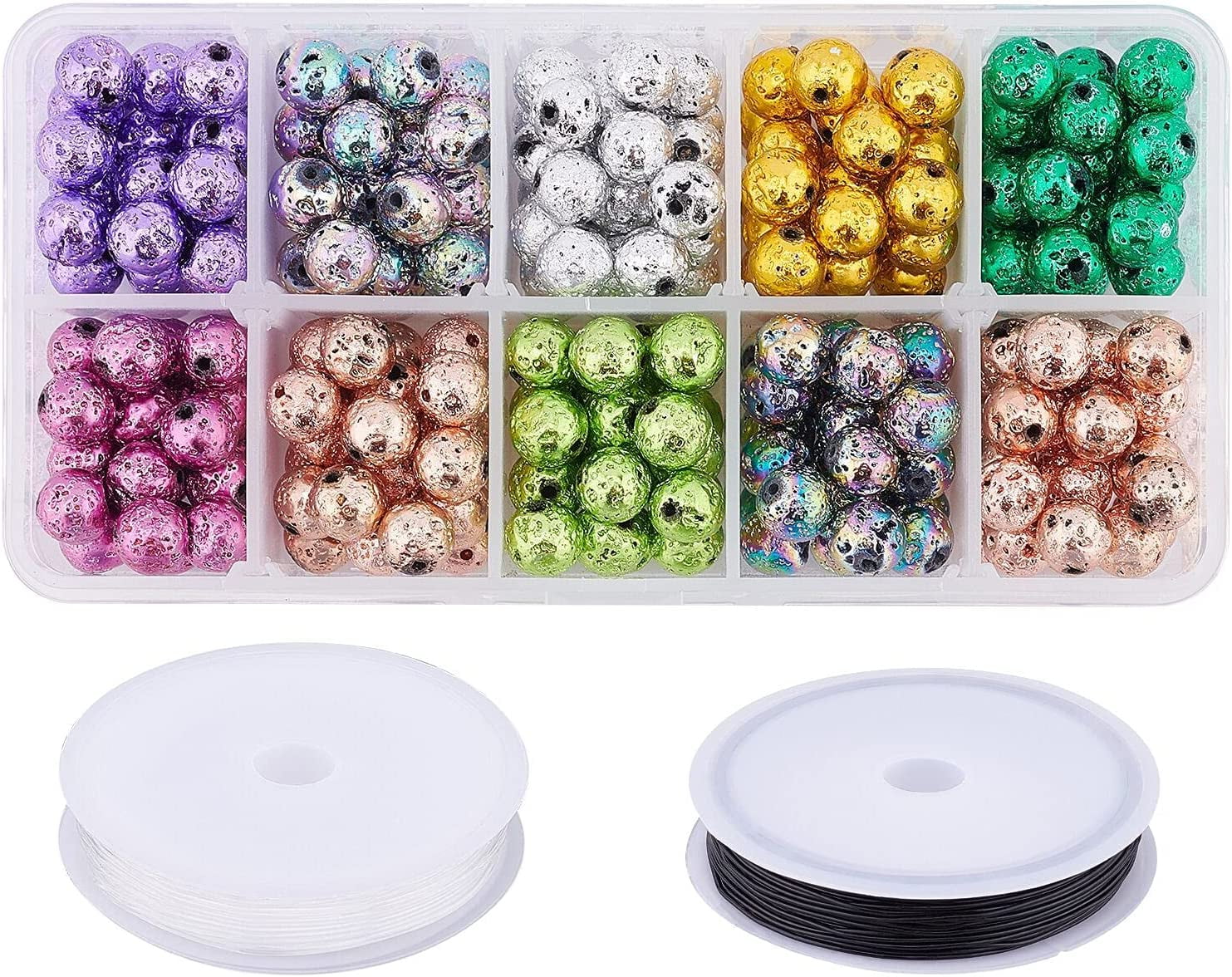 1 Set 250 Pcs Electroplated Natural Lava Beads Strands 2 Rolls Elastic Crystal Thread 10 Colors Round Beads for Essential Oil Bracelet Jewelry Making Kit