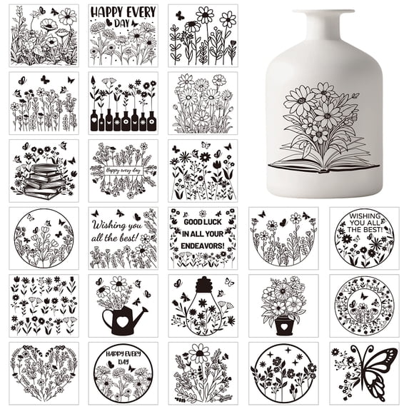 1 Set 25Pcs 25 Styles PVC Self Adhesive Stickers Waterproof Embossed Card Making Black and White Sticker Flower 100x90mm 1pc/style