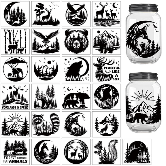 1 Set 25Pcs 25 Styles PVC Self Adhesive Stickers Waterproof Embossed Decals Black and White Sticker Animals 100x90mm 1pc/style