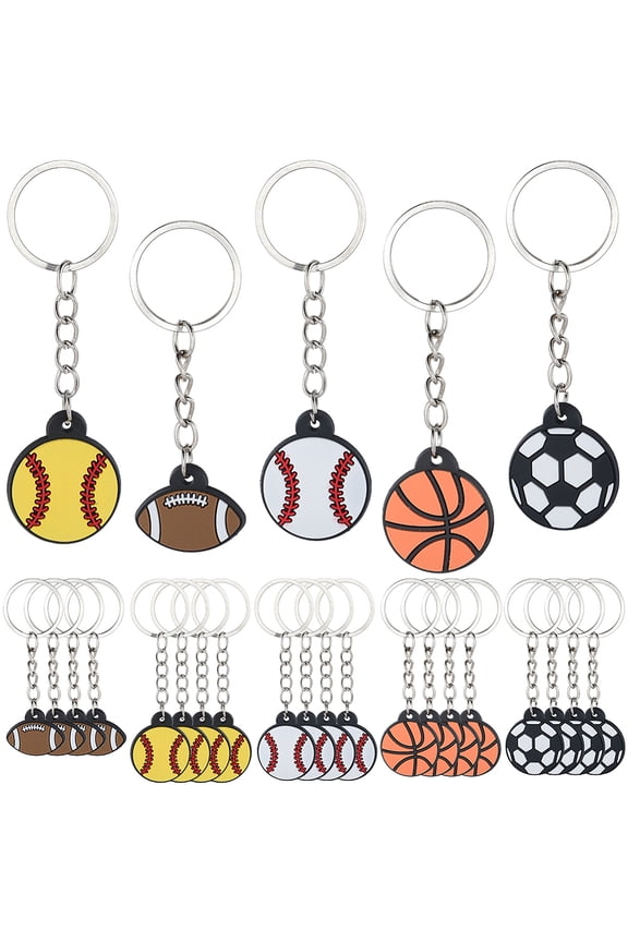 1 Set 25Pcs 5 Styles Sports Series Silicone Keychains Platinum Mixed Shapes 75~87mm 5pcs/style
