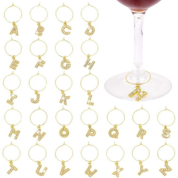 1 Set 26 Pcs Gold Bling Letter Wine Glass Charms - Diamond Markers Tags for Cocktail Champagne - Metal Letters for Family Gathering Party Favor Decoration