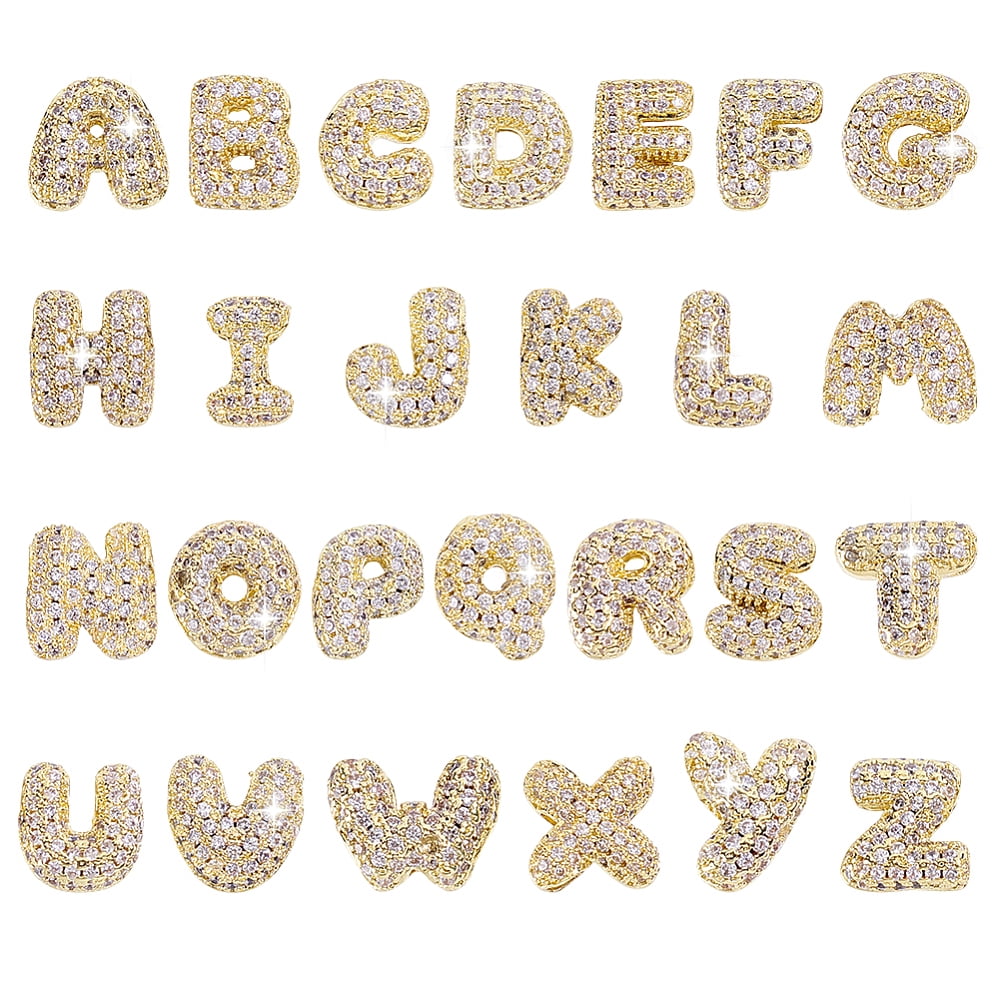 1 Set 26Pcs 26 Styles Brass Micro Pave Cubic Zirconia Beads Letter Letter A~Z 9~10.5x6.5~11.5x4.5~5.5mm Hole: 2.5~3.5x2mm 1pc/style