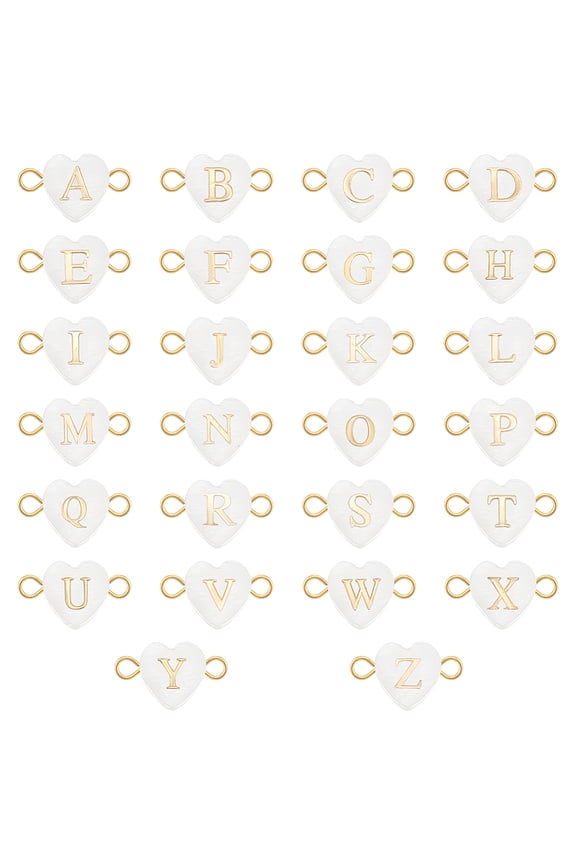 1 Set 26Pcs 26 Styles Letter A~Z Shell Connector Charms Heart Links with 304 Stainless Steel Double Loops Golden 15mm Hole: 1.8mm 1pc/style