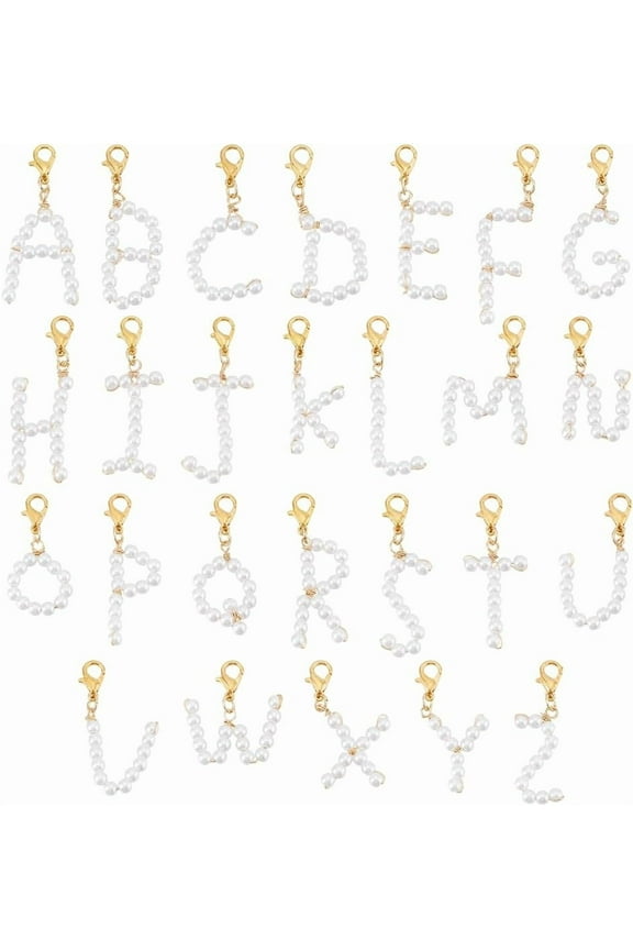 1 Set 26Pcs Letter A~Z Imitated Pearl Acrylic Shoes Charms with Zinc Alloy Lobster Claw Clasps White 35~52mm