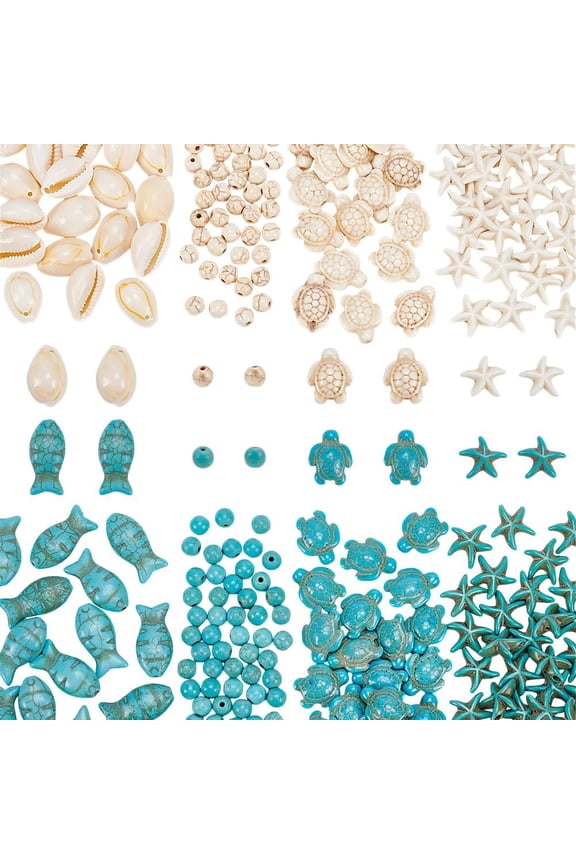 1 Set About 285 Pcs Turquoise Sea Turtle Beads Starfish Tortoise Loose Beads Natural Cowrie Shell Beads Turquoise Round Beads Ocean Theme Beads for Jewelry Making DIY Bracelet Necklace